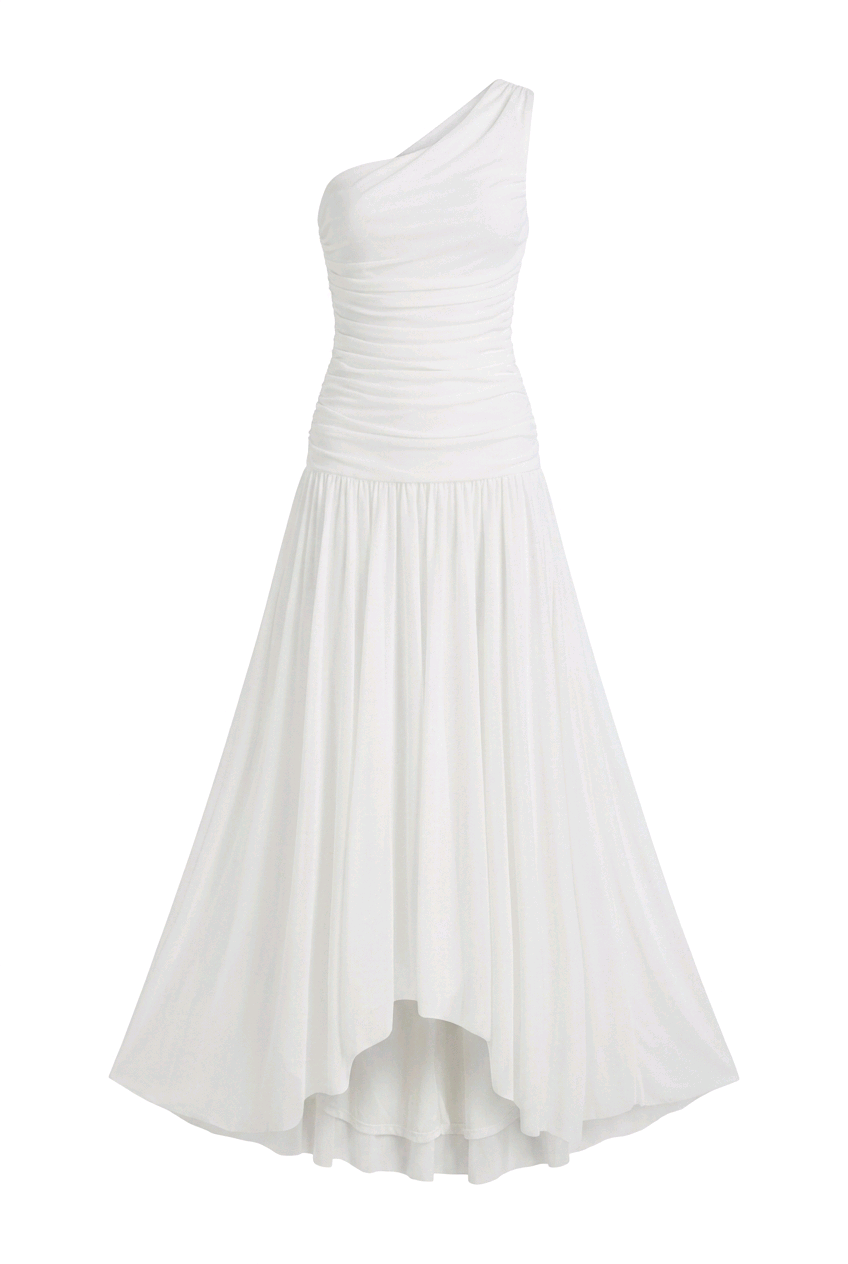 Mercy Luxe White Maxi Dress in elegant one-shoulder design with soft drapes and asymmetrical hem.