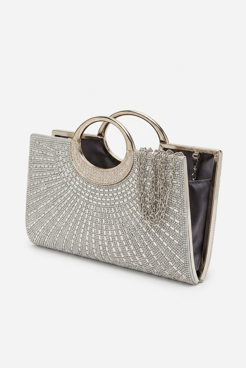 Elegant Silver Rhinestone Evening Clutch for a Dazzling Night Out, featuring sparkling rhinestones and chic design.