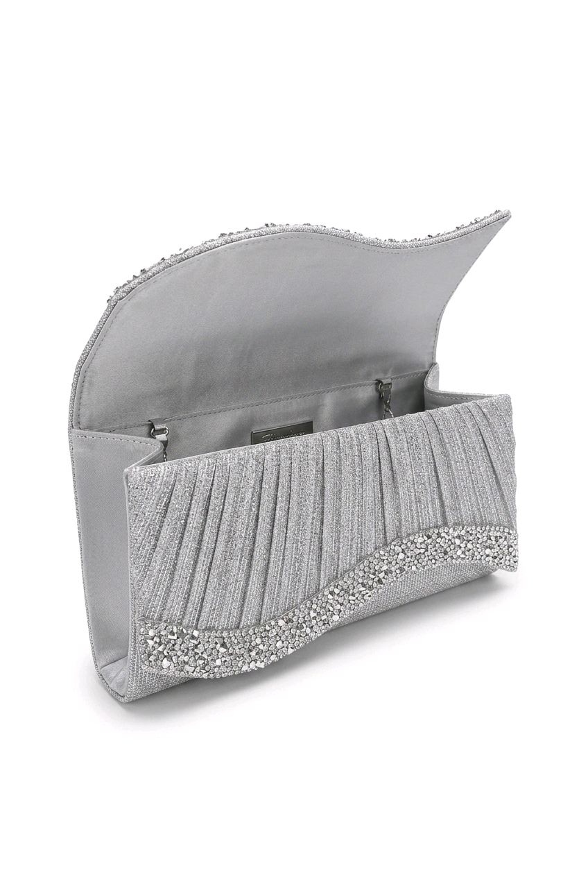 Luxe Crystal Evening Clutch Bag - Elevate Your Style with Glamorous Elegance, featuring silver pleated design and crystal embellishments.