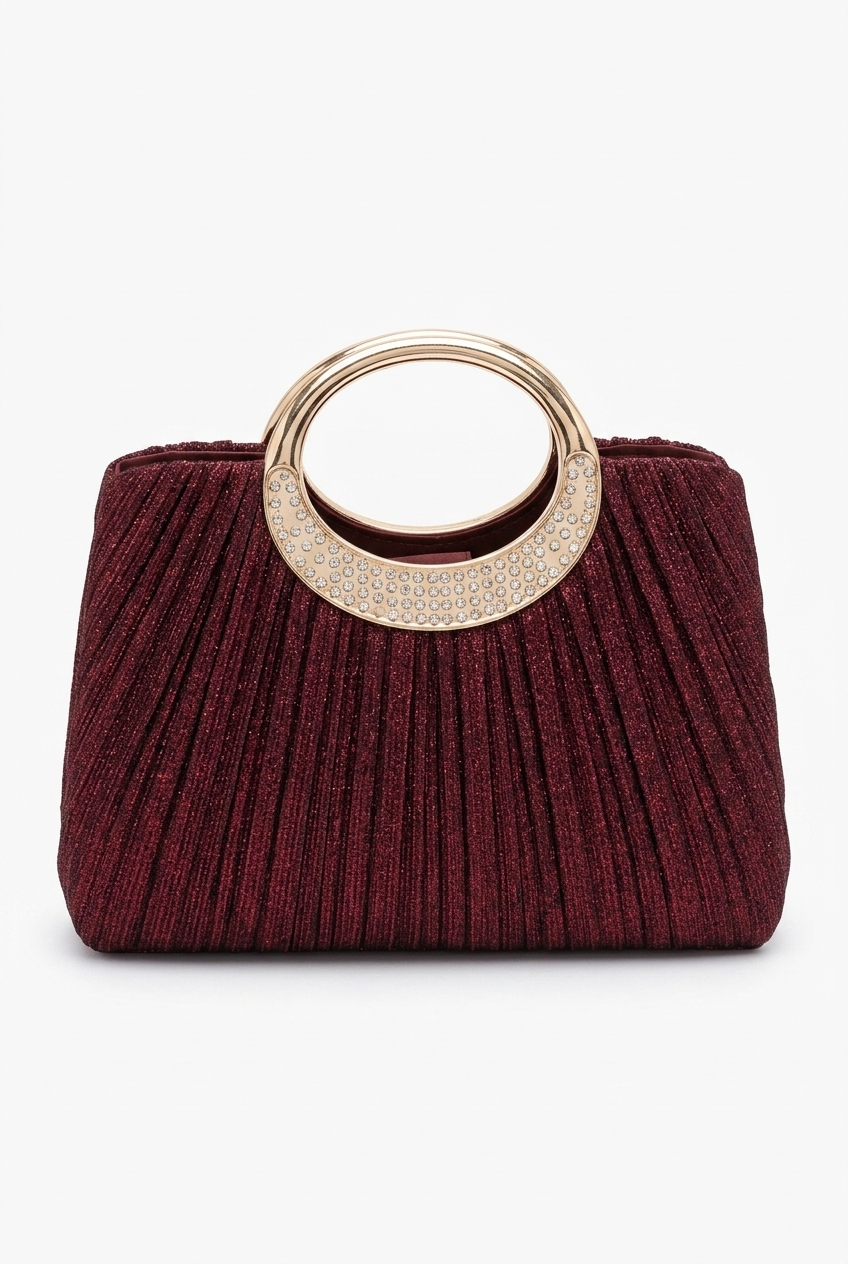 Elegant Burgundy Evening Bag - Seraphina Pleated Satin Top-Handle Purse with golden handle and pleated design.