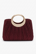 Elegant Burgundy Evening Bag - Seraphina Pleated Satin Top-Handle Purse with golden handle and pleated design.