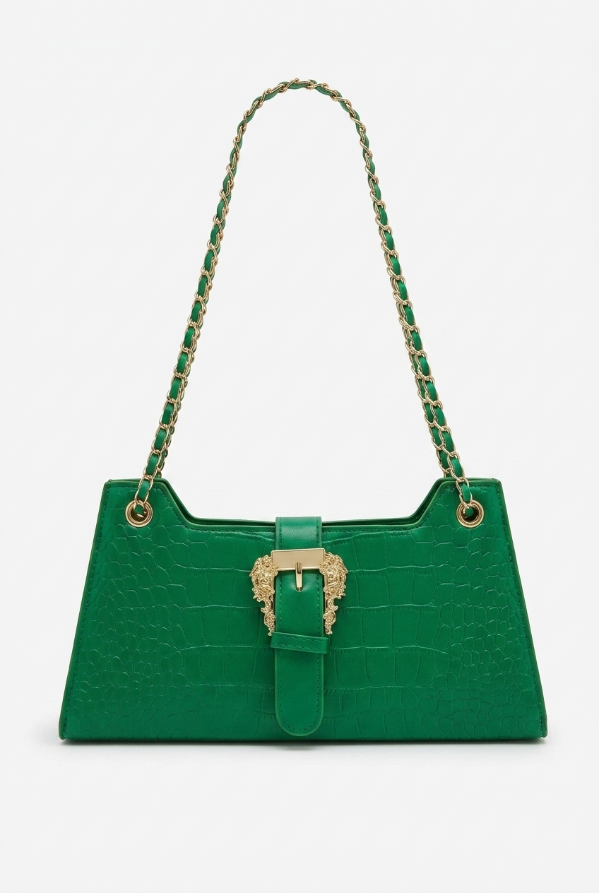 "Valerie" Emerald Green Leather Shoulder Bag with Gold Buckle