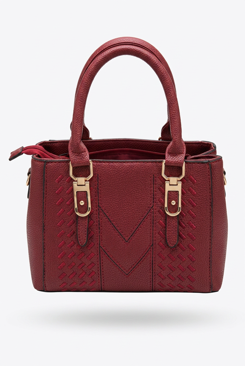 Elevate Your Style with Our Classic Black Top-Handle Handbag in burgundy with woven details and gold accents.