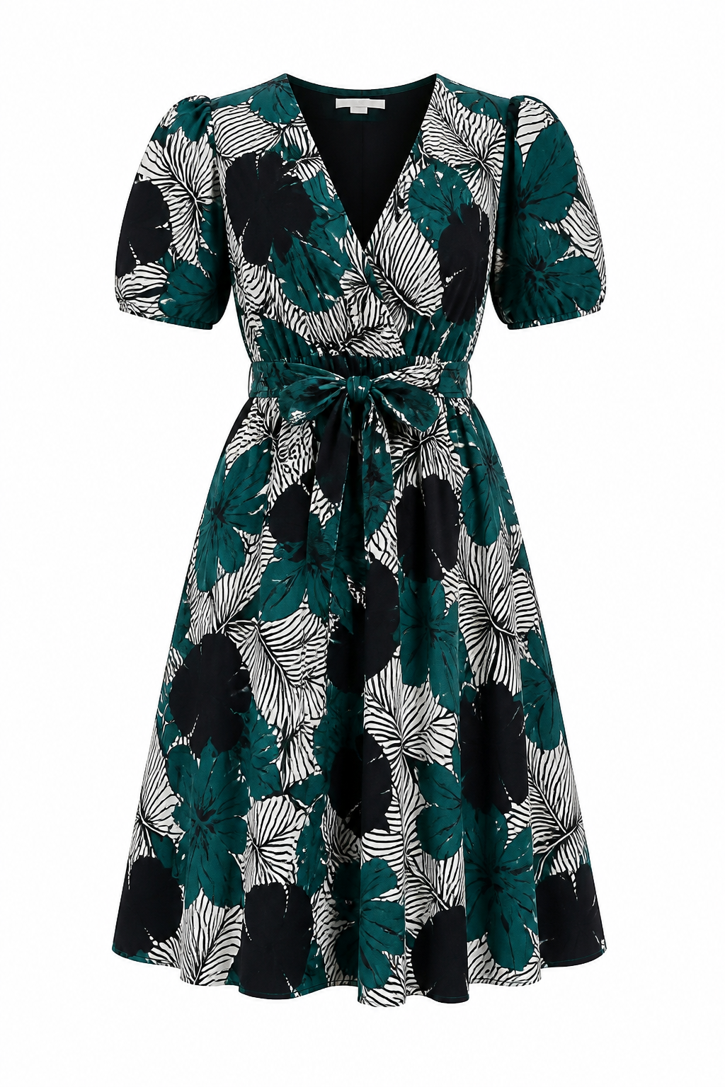 Elevate Your Style with the Emerald Floral V-Neck Dress showcasing vibrant floral patterns in emerald and black.