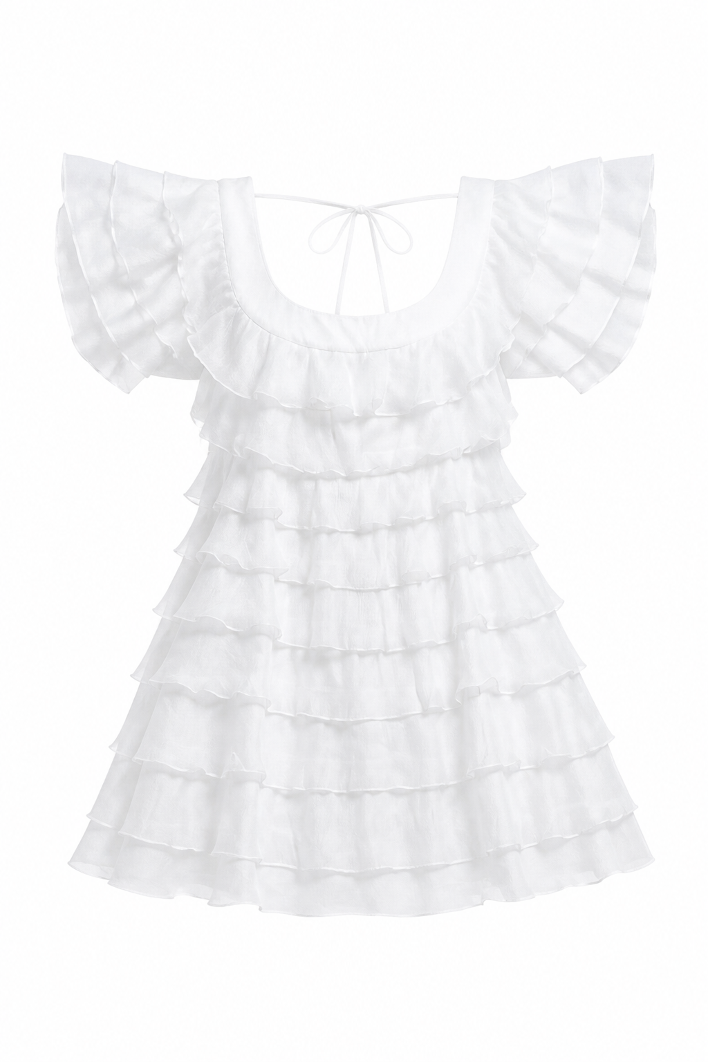 Luxe Women's Tiered Mini Dress – Effortlessly Stylish Mercy Luxe Smocked Ruffle-Sleeve Dress in white with ruffle sleeves.