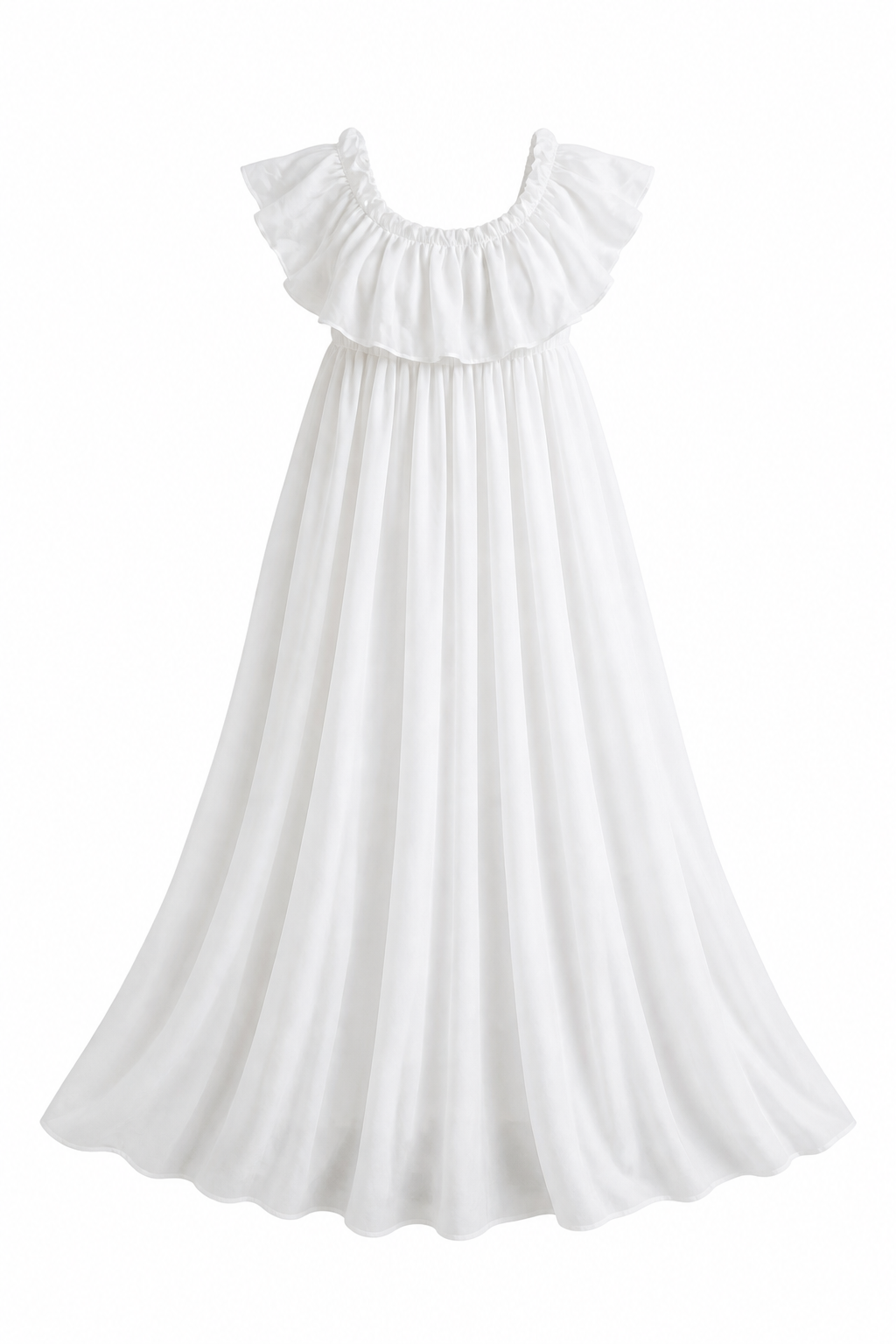 Elevate Your Style with Our Elegant Off-The-Shoulder Maxi Dress in flowing white design.