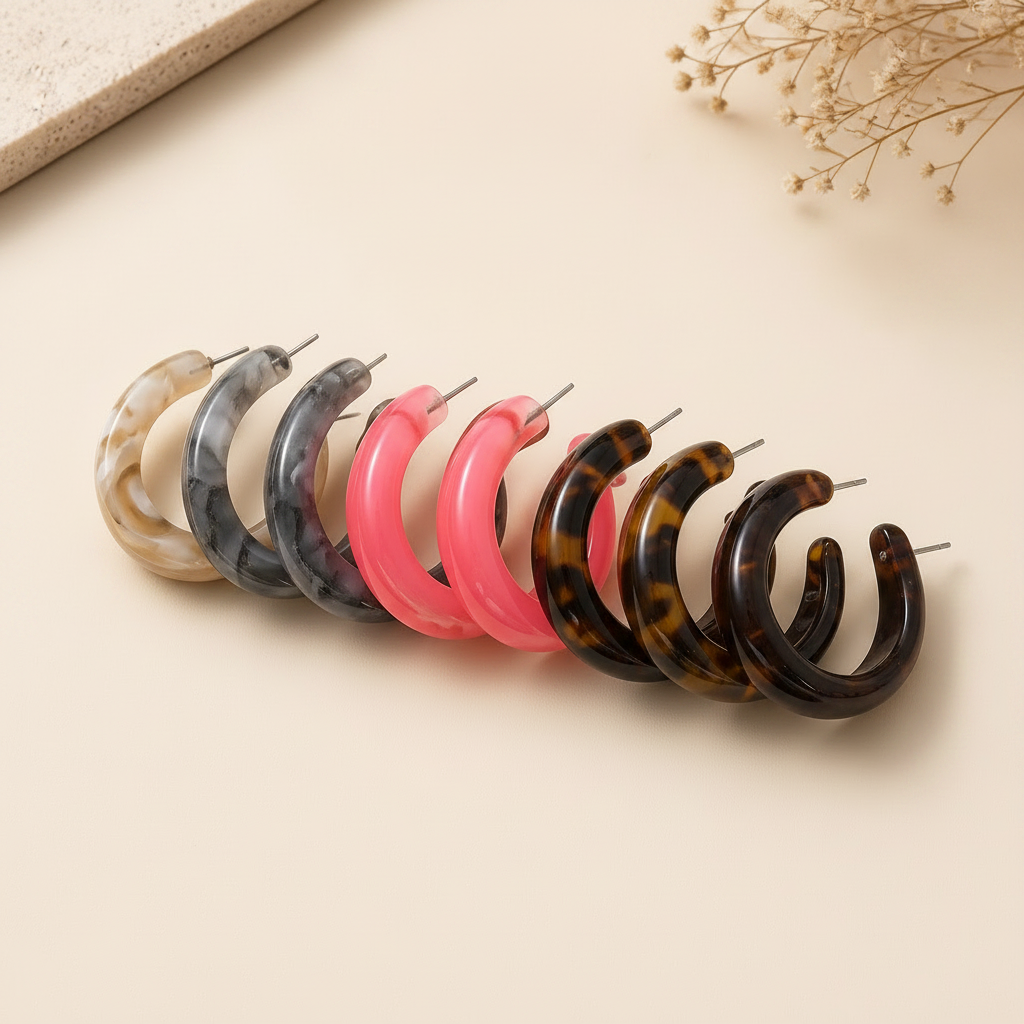 Vintage Acetate C-Shaped Acrylic Resin Hoop Earrings Set