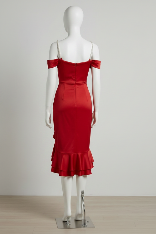 Chic Off-The-Shoulder Satin Midi Dress with Side Slit for Effortless Elegance on a mannequin's back view.