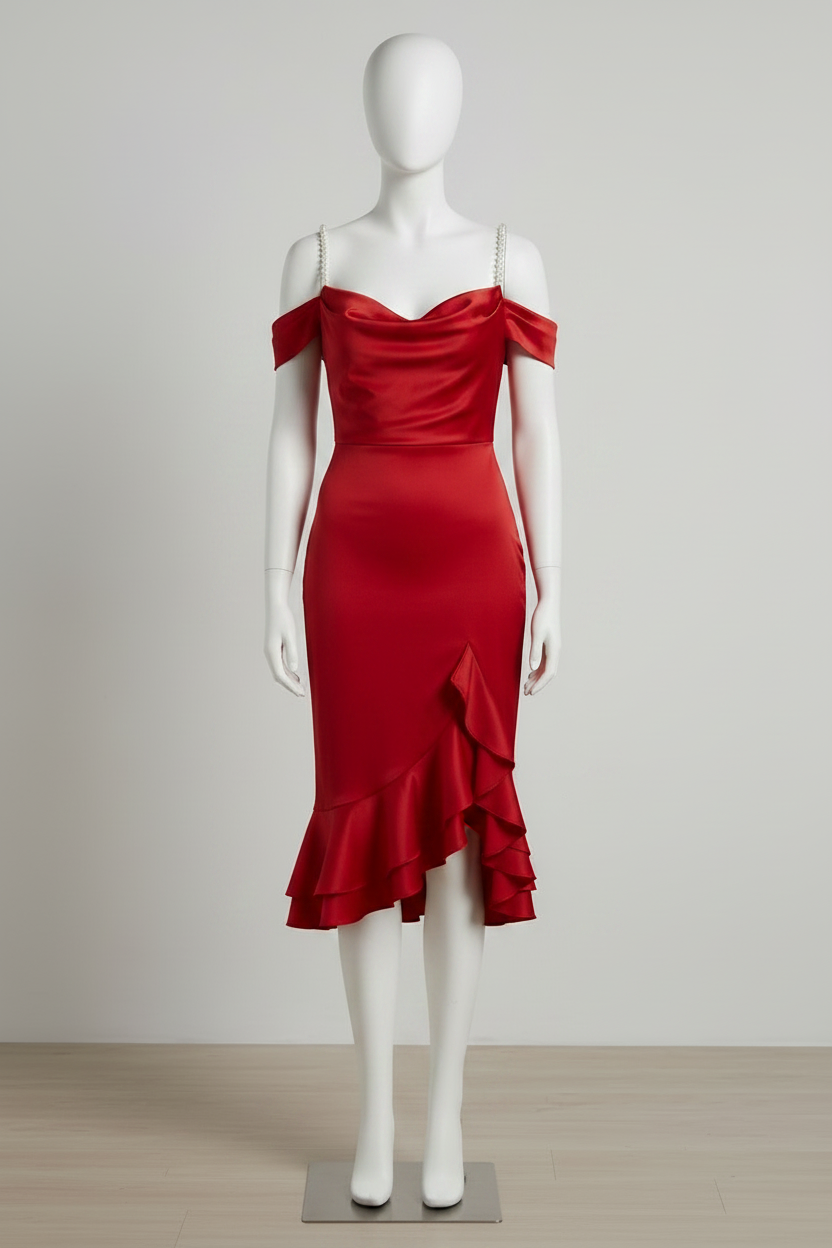 Chic Off-The-Shoulder Satin Midi Dress with Side Slit for Effortless Elegance, featuring a sweetheart neckline and ruffled hem.