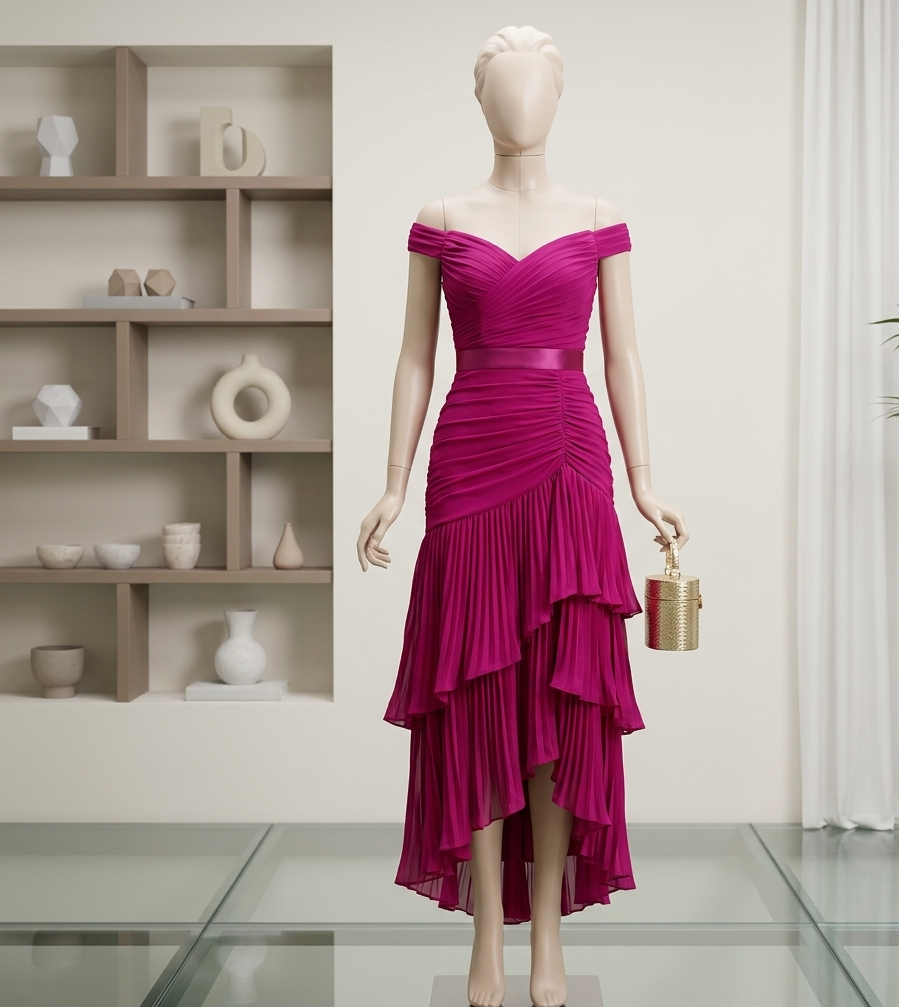 Goddiva Pleated Bardot High-Low Chiffon Midaxi Dress - Magenta displayed on a mannequin in an elegant setting.