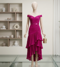 Goddiva Pleated Bardot High-Low Chiffon Midaxi Dress - Magenta