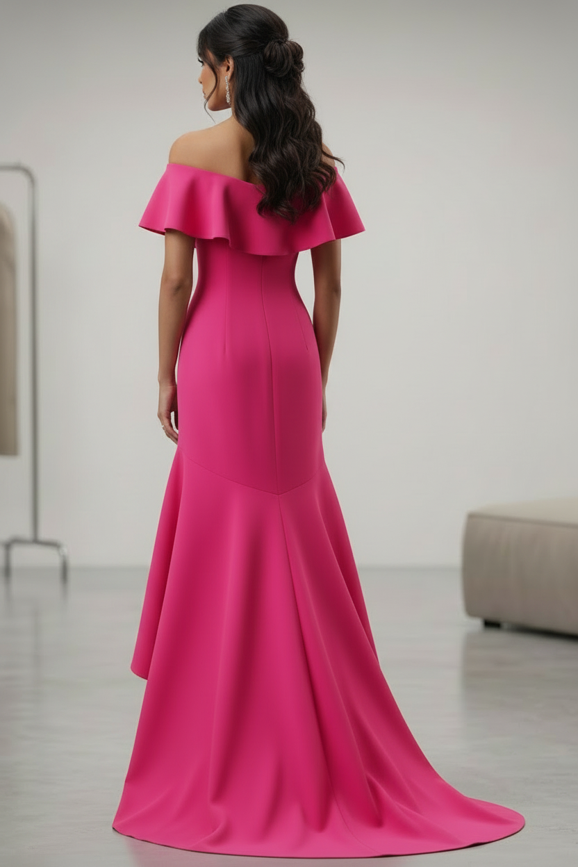 Women's Pink Ruffle V-Neck Midi Dress showcased from the back, featuring an elegant off-shoulder design and flowing silhouette.