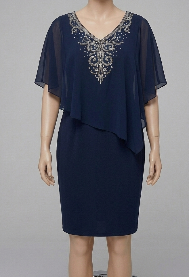 Elegant Blue Chiffon Blouse with Rhinestones - Your Go-To for Effortless Style on a mannequin.