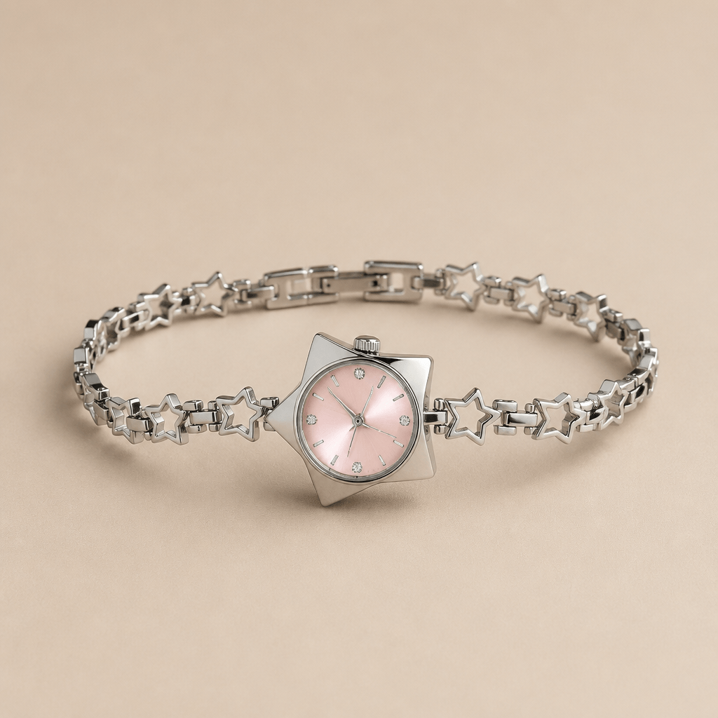 Celestial Star-Shaped Dress Watch | Crystal Rhinestone Timepiece with pink face and star-shaped bracelet.