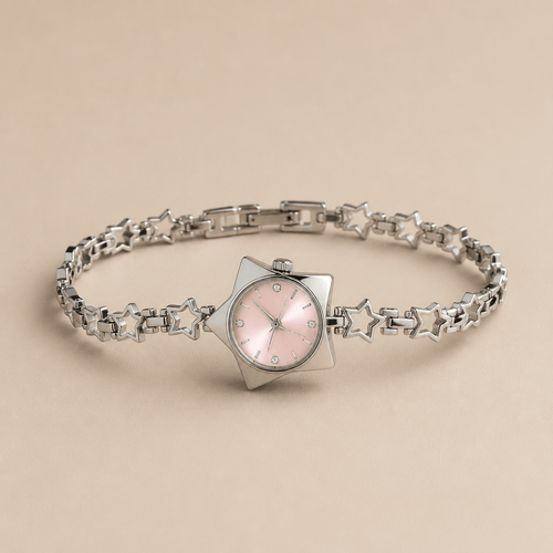 Celestial Star-Shaped Dress Watch | Crystal Rhinestone Timepiece with pink face and star-shaped bracelet.