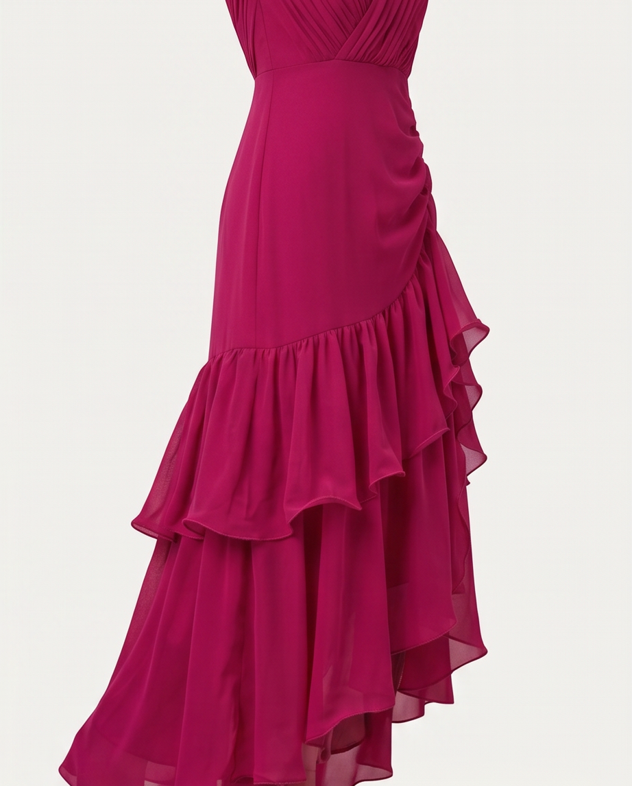 Goddiva Pleated Bardot High-Low Chiffon Midaxi Dress - Magenta with pleated bodice and flowing high-low chiffon design.