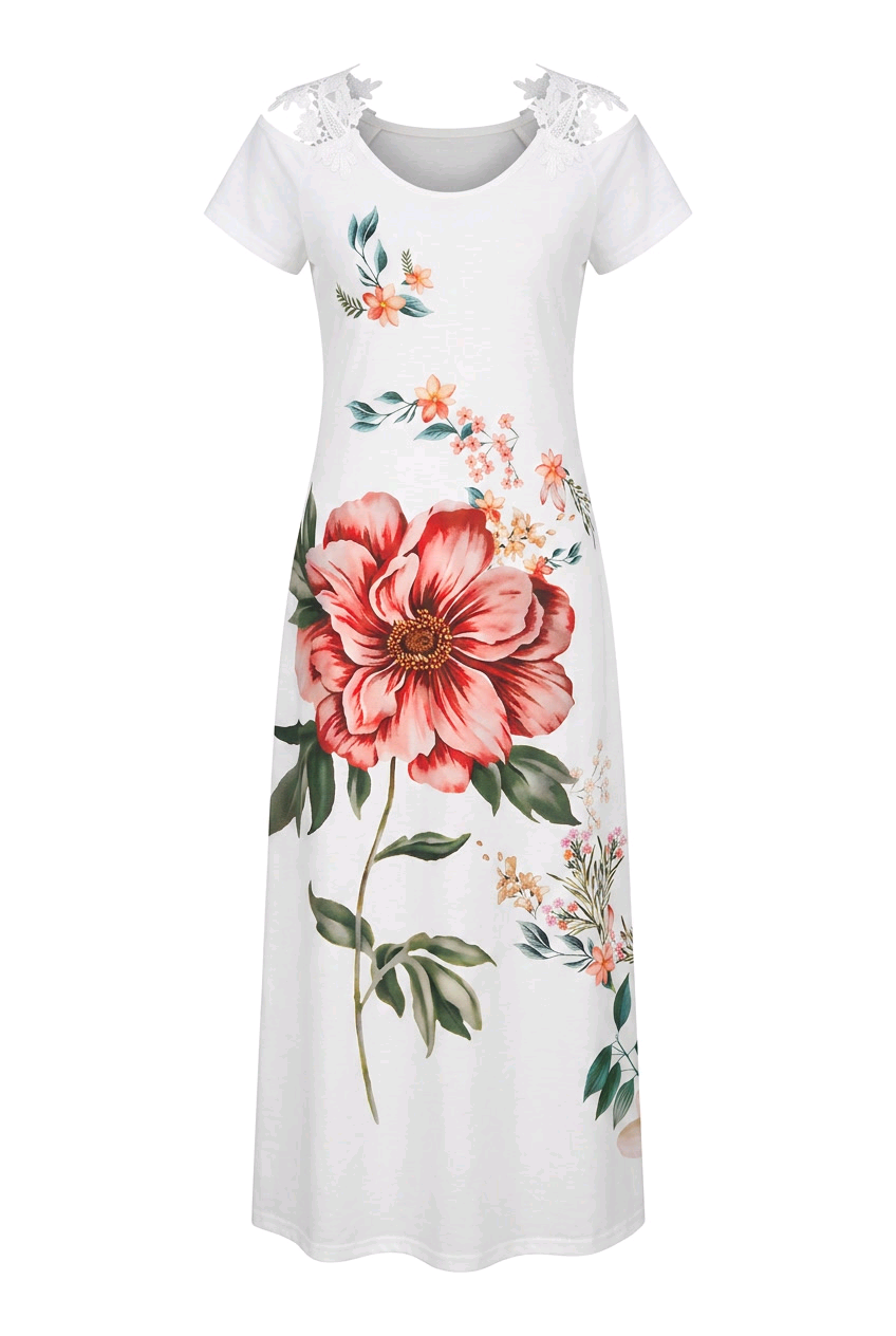 Floral Print Cold-Shoulder Lace-Trimming Maxi Dress featuring a vibrant floral design and lace trimming.