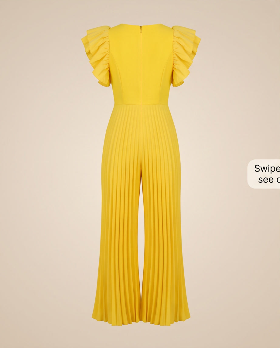 Deep V-Neck Layered Ruffle Sleeve Pleated Wide-Leg Jumpsuit in vibrant yellow with pleated wide legs.