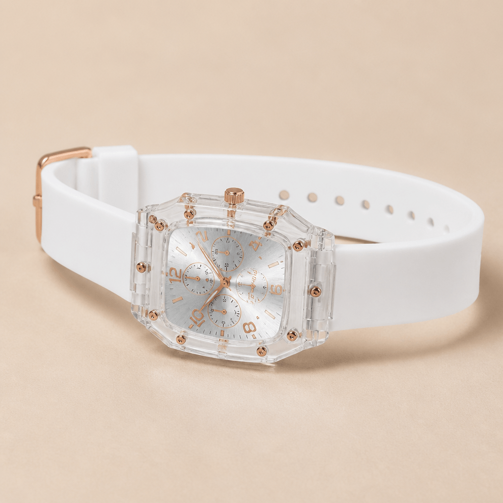 Translucent Tonneau Sports Watch | Unisex Silicone Chronograph-Style on a white strap with rose gold accents.