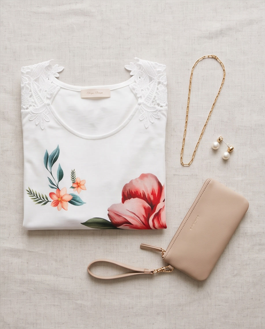 Floral Print Cold-Shoulder Lace-Trimming Maxi Dress displayed with accessories on a beige background.