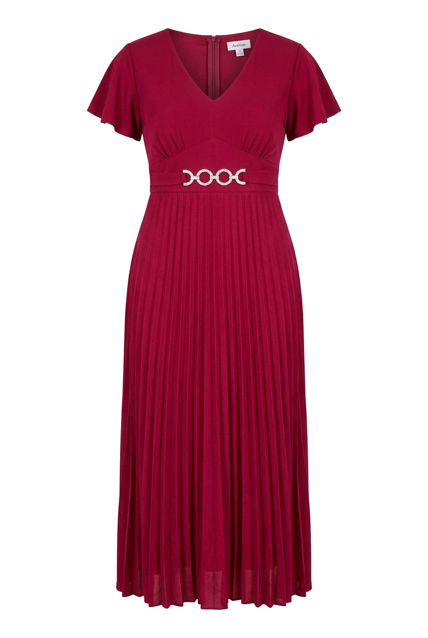 Embellished Buckle Trim Pleated Flutter-Sleeve Midi Dress from the plus- in vibrant red with pleated design.
