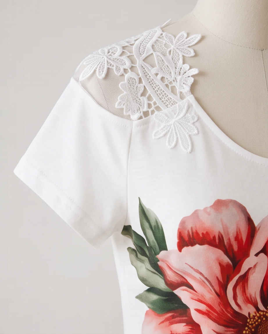 Floral Print Cold-Shoulder Lace-Trimming Maxi Dress with intricate lace detailing and floral print design.