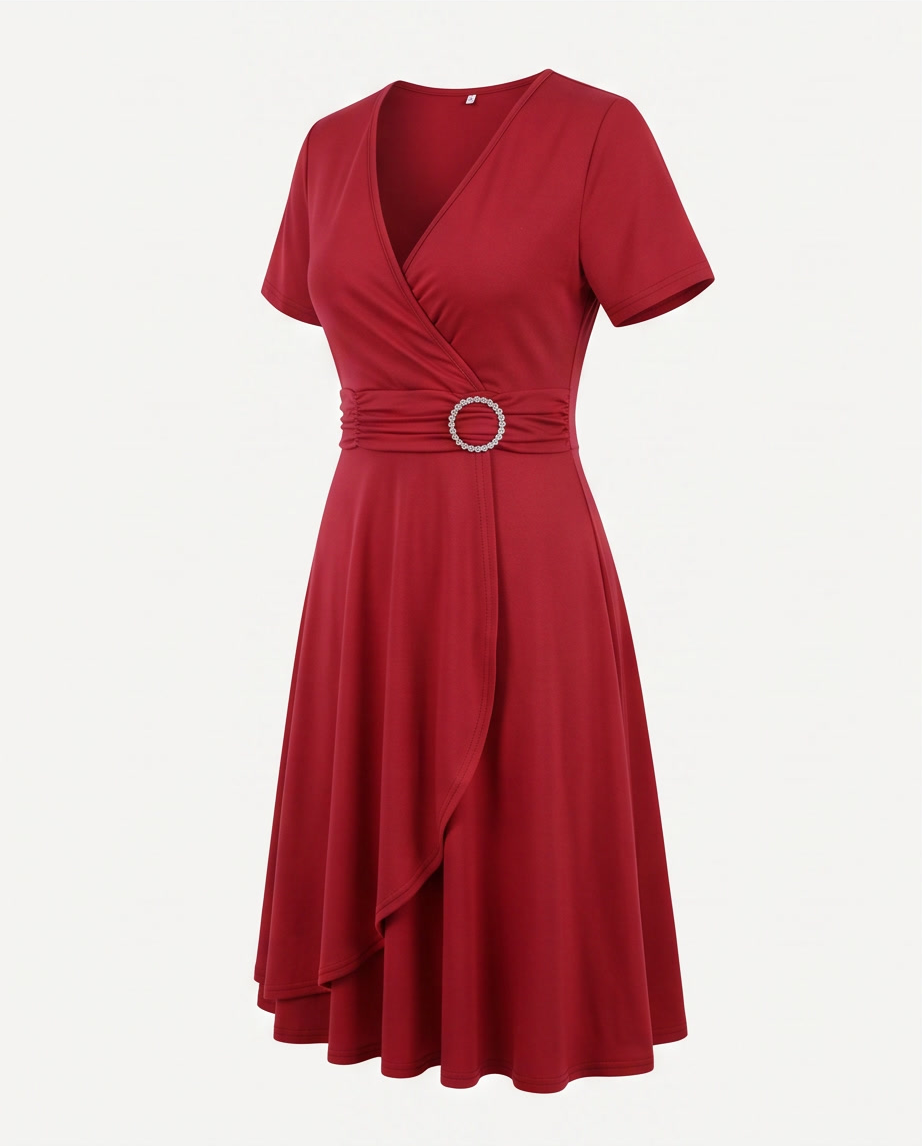 O-Ring Buckle Faux-Wrap Short-Sleeve Midi Dress in red showcasing the stylish buckle detail and flowing skirt.