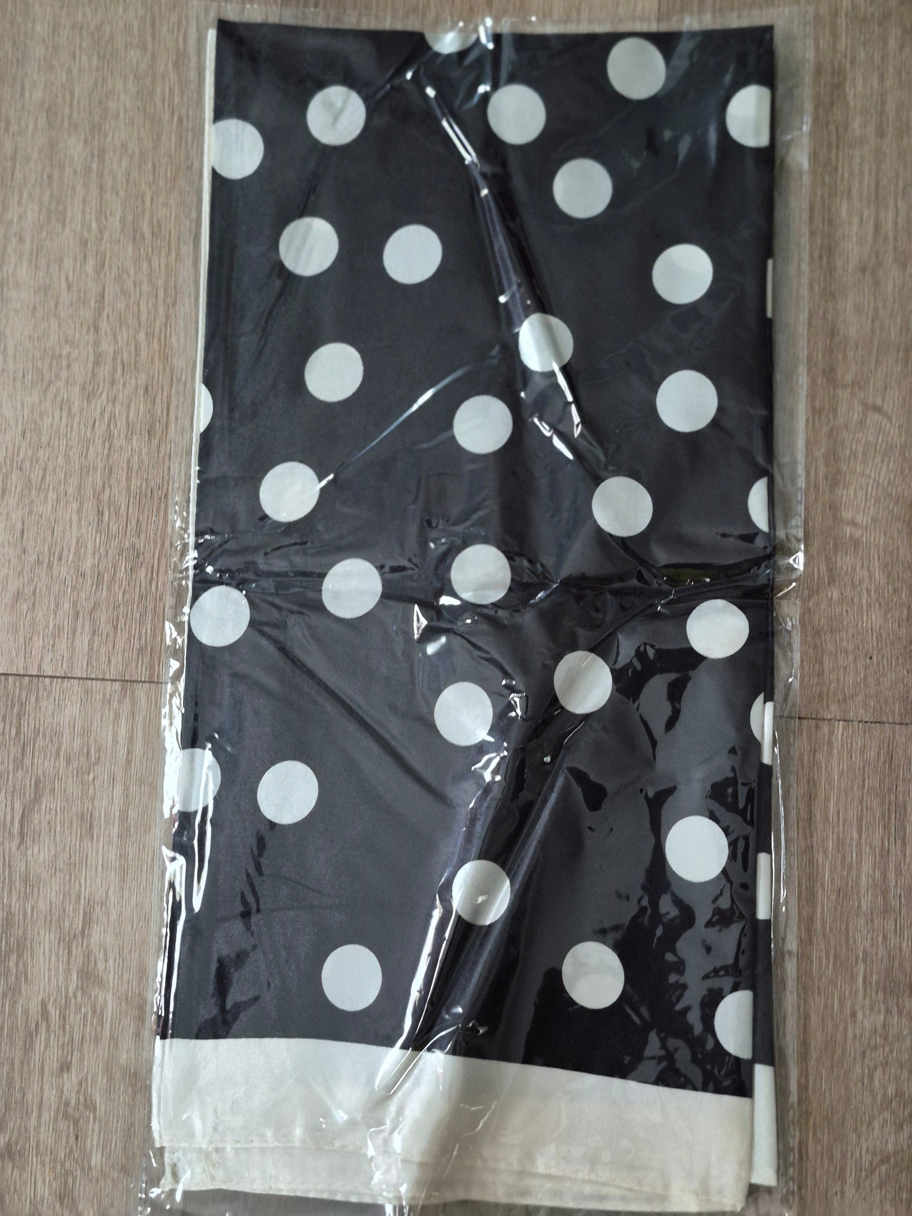 Polka Dot Silk-Feeling Square hair scarf displayed with black background and white polka dots.