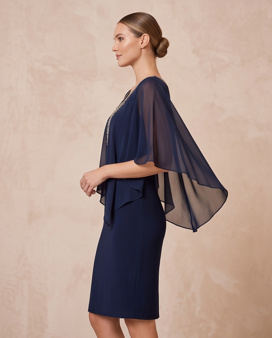 Elegant Blue Chiffon Blouse with Rhinestones - Your Go-To for Effortless Style, modeled side view.