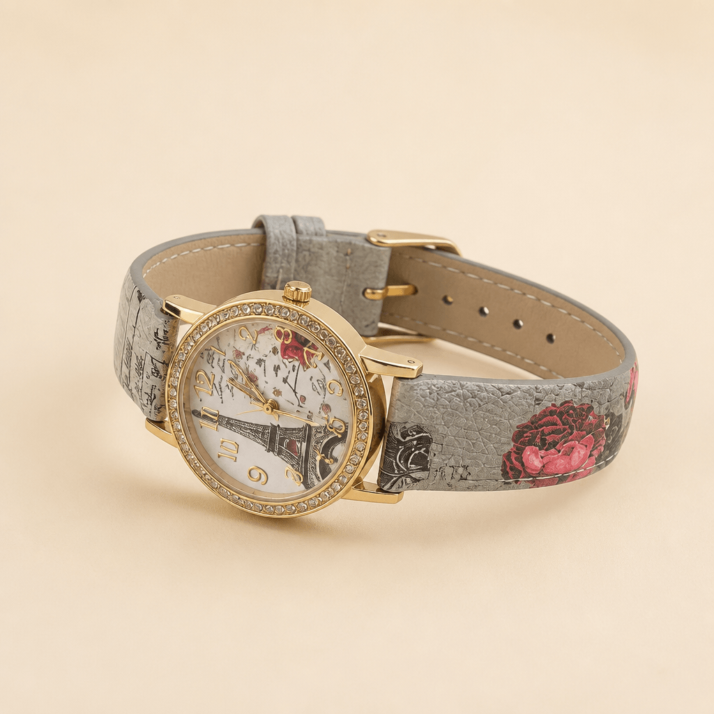 Silver-Tone Rhinestone Bracelet Watch | Elegant Jewelry Watch for Women on a stylish background with floral details.
