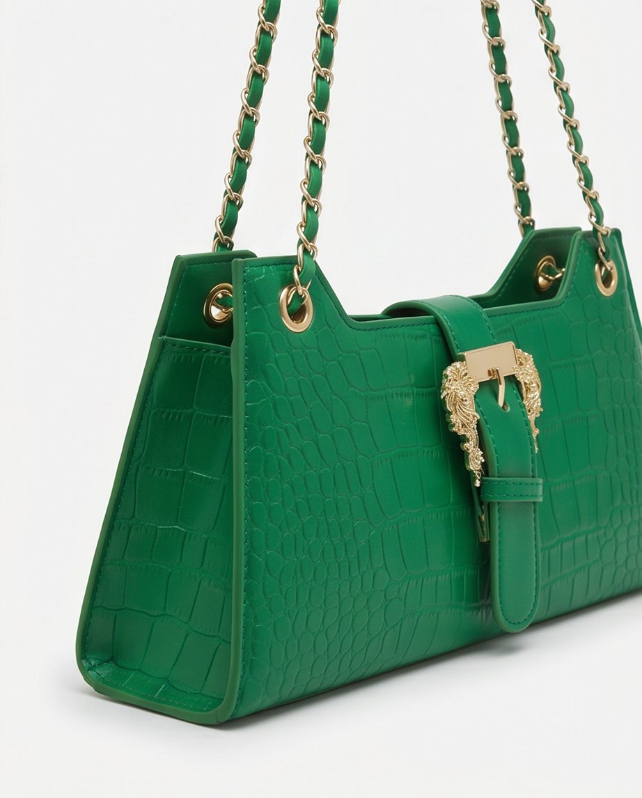 "Valerie" Emerald Green Leather Shoulder Bag with Gold Buckle