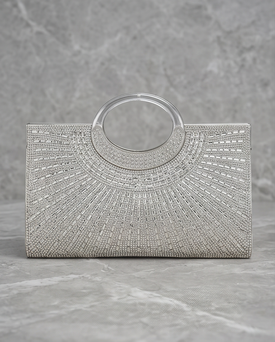 Elegant Silver Rhinestone Evening Clutch for a Dazzling Night Out with stunning crystal details.