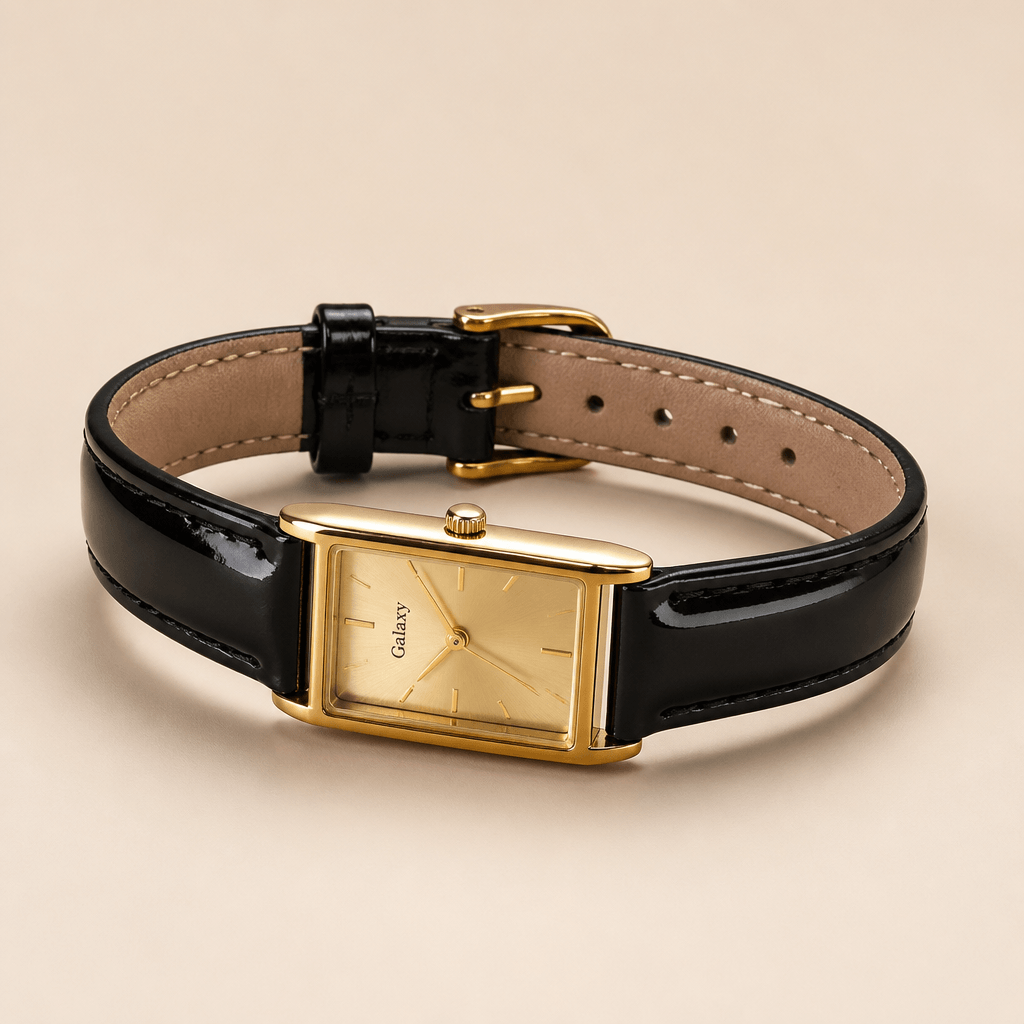 Gaiety Classic Gold Dial Watch | Rectangular Case & Leather Strap displayed with polished rectangular case and leather strap.