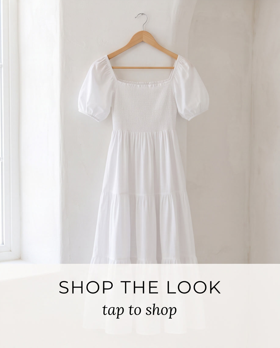 Square-Neck Puff-Sleeve Smocked Maxi Dress displayed on a hanger in a white room.