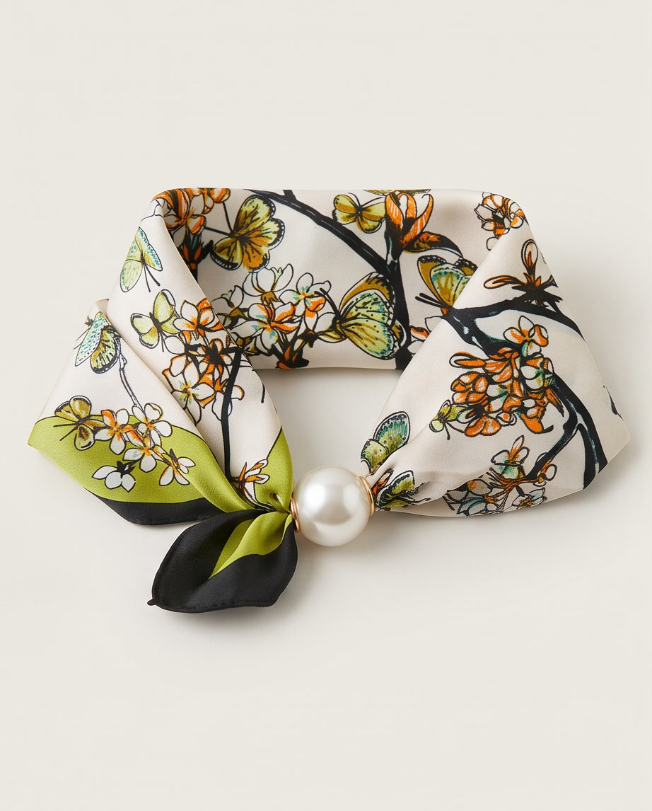 Aria Floral Silk-Feeling Neckerchief Scarf with a Pearl Slide elegantly styled with a pearl slide.