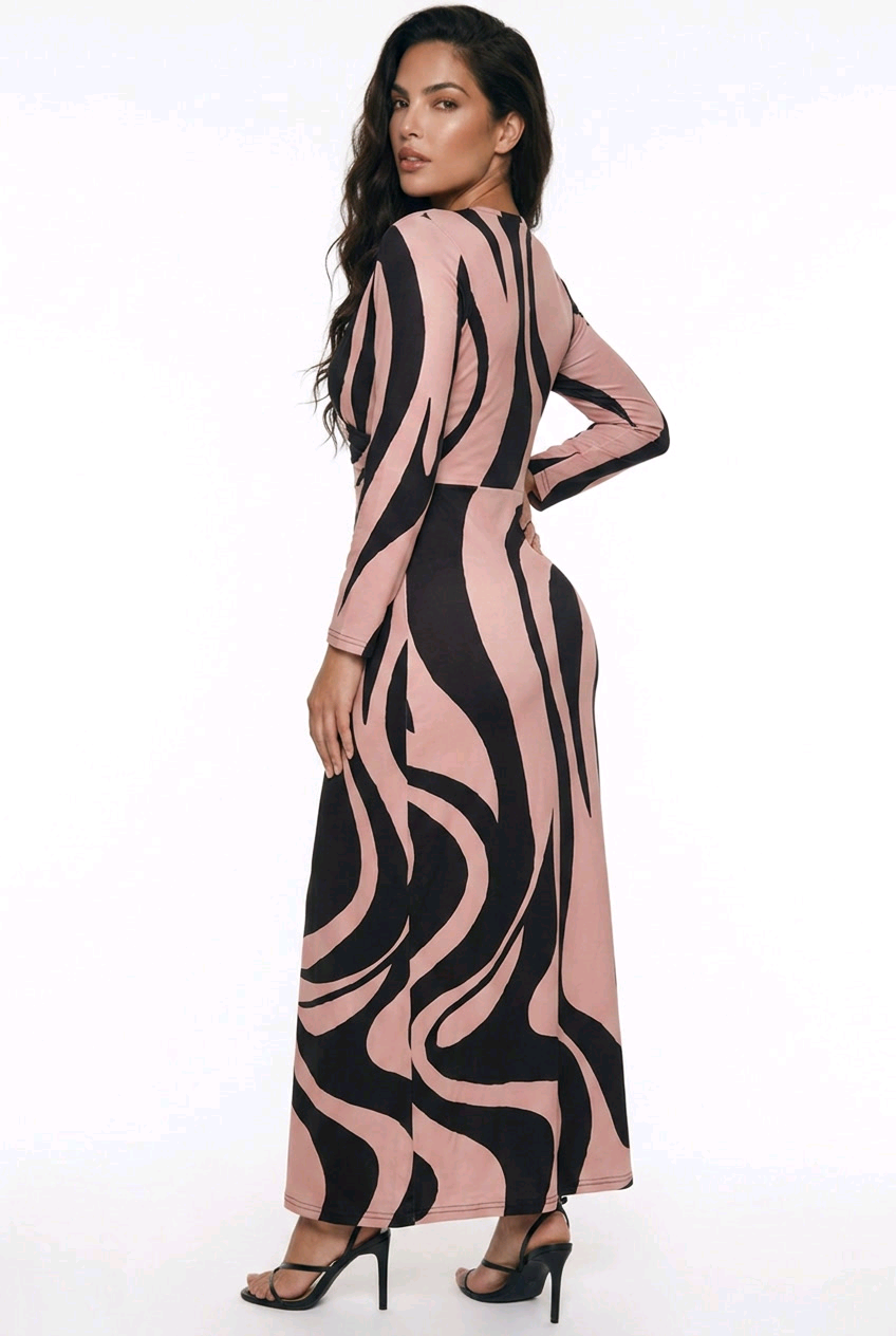 Faux-Wrap V-Neck 3/4-Sleeve Maxi Dress featuring a stylish design in pink and black with long sleeves.