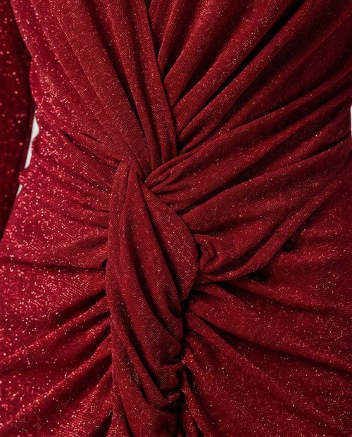 Crimson Shimmer Midi Dress: Elevate Your Style with Effortless Elegance close-up of draped fabric showcasing shimmer and elegant twist detail.