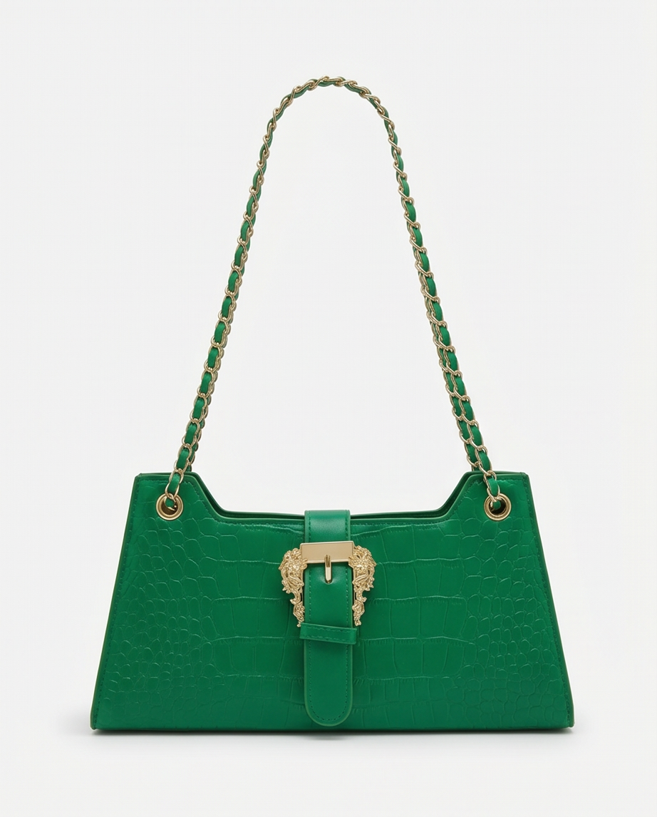 "Valerie" Emerald Green Leather Shoulder Bag with Gold Buckle