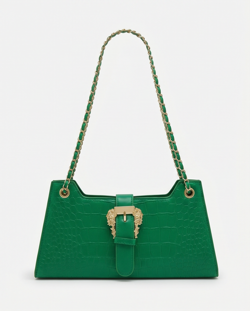 "Valerie" Emerald Green Leather Shoulder Bag with Gold Buckle