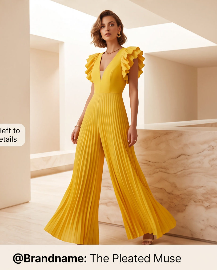 Deep V-Neck Layered Ruffle Sleeve Pleated Wide-Leg Jumpsuit displayed on a model in a modern setting.