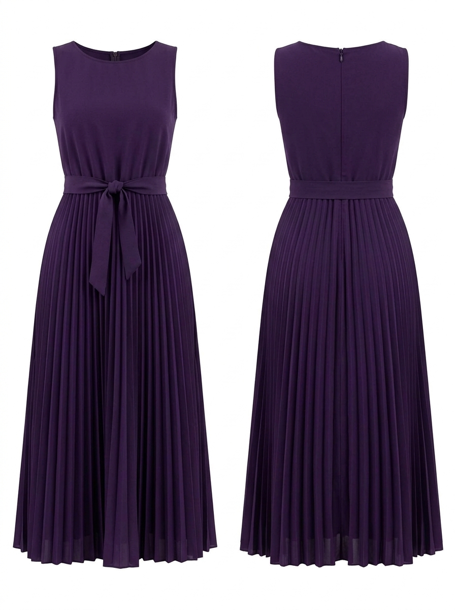 Elevate Your Style with the Cleo Pleated Satin Midi Dress in a stunning purple pleated design.