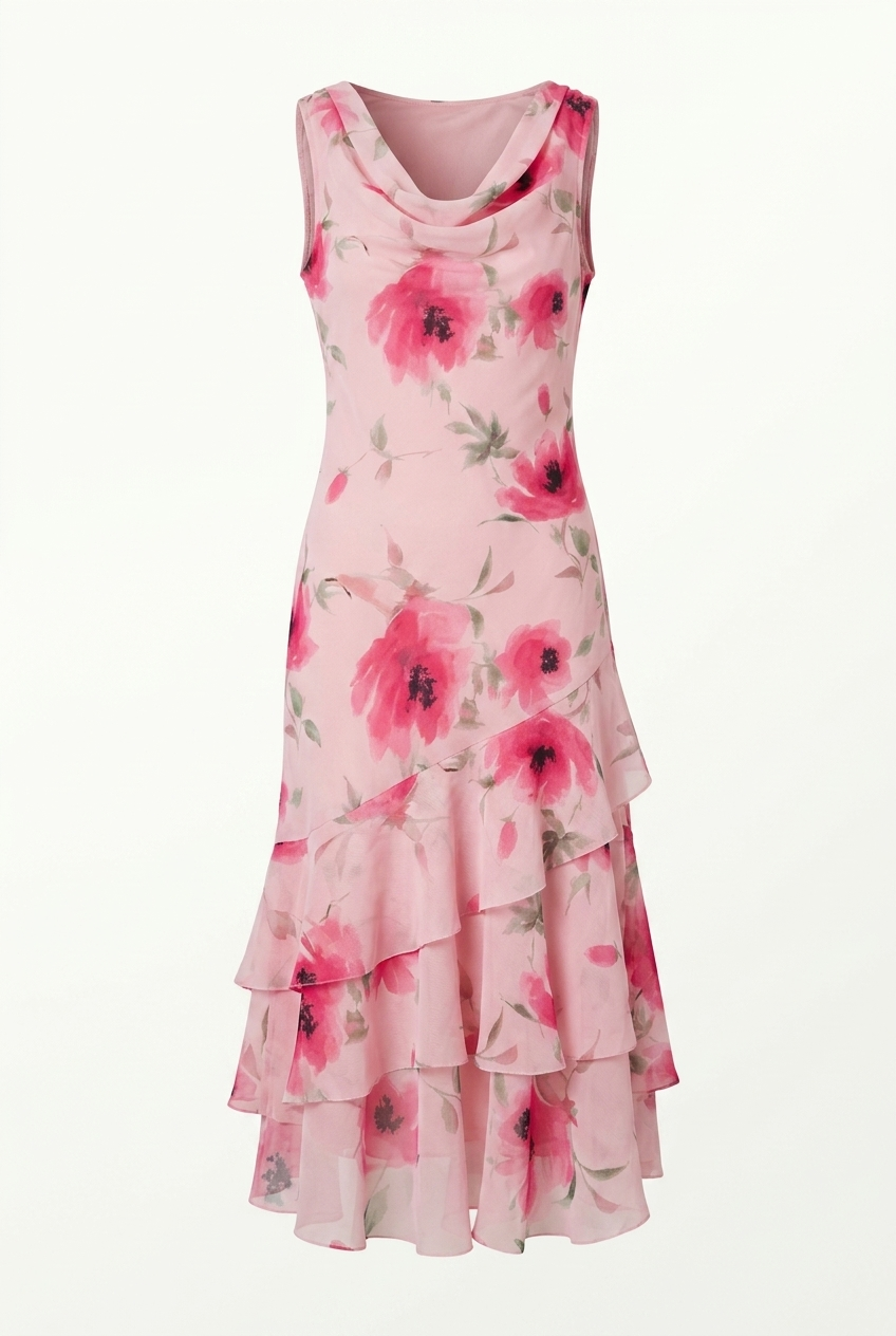 Watercolor Floral Midi Dress - Effortless Elegance for Every Occasion - Stunning pink floral design and ruffled layers.
