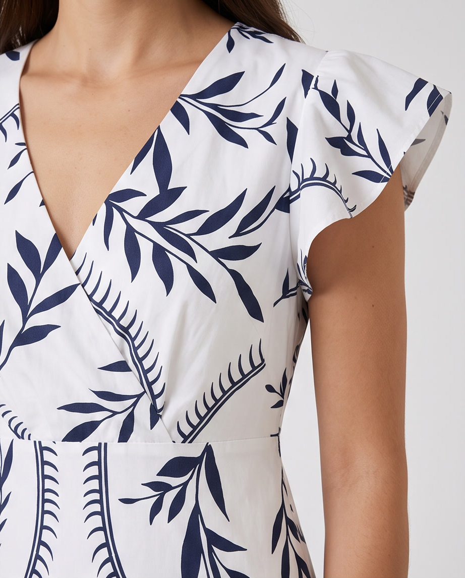 Close-up of the Leaf Print Tiered Maxi Dress showcasing the elegant floral pattern and details of the design.