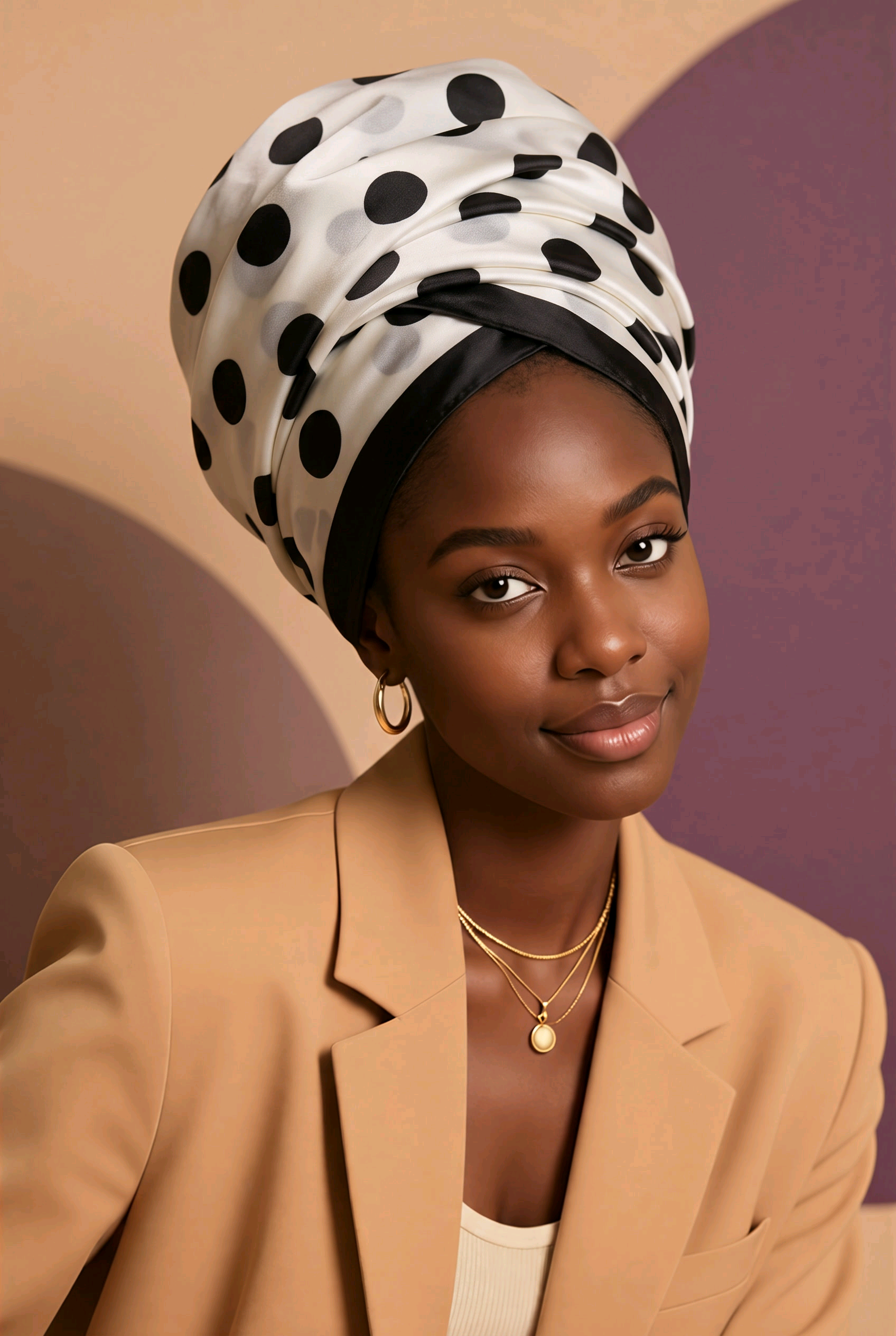 Polka Dot Silk-Feeling Square hair scarf styled elegantly on a model, enhancing her chic look and adding flair.