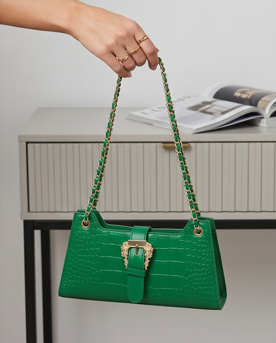 "Valerie" Emerald Green Leather Shoulder Bag with Gold Buckle