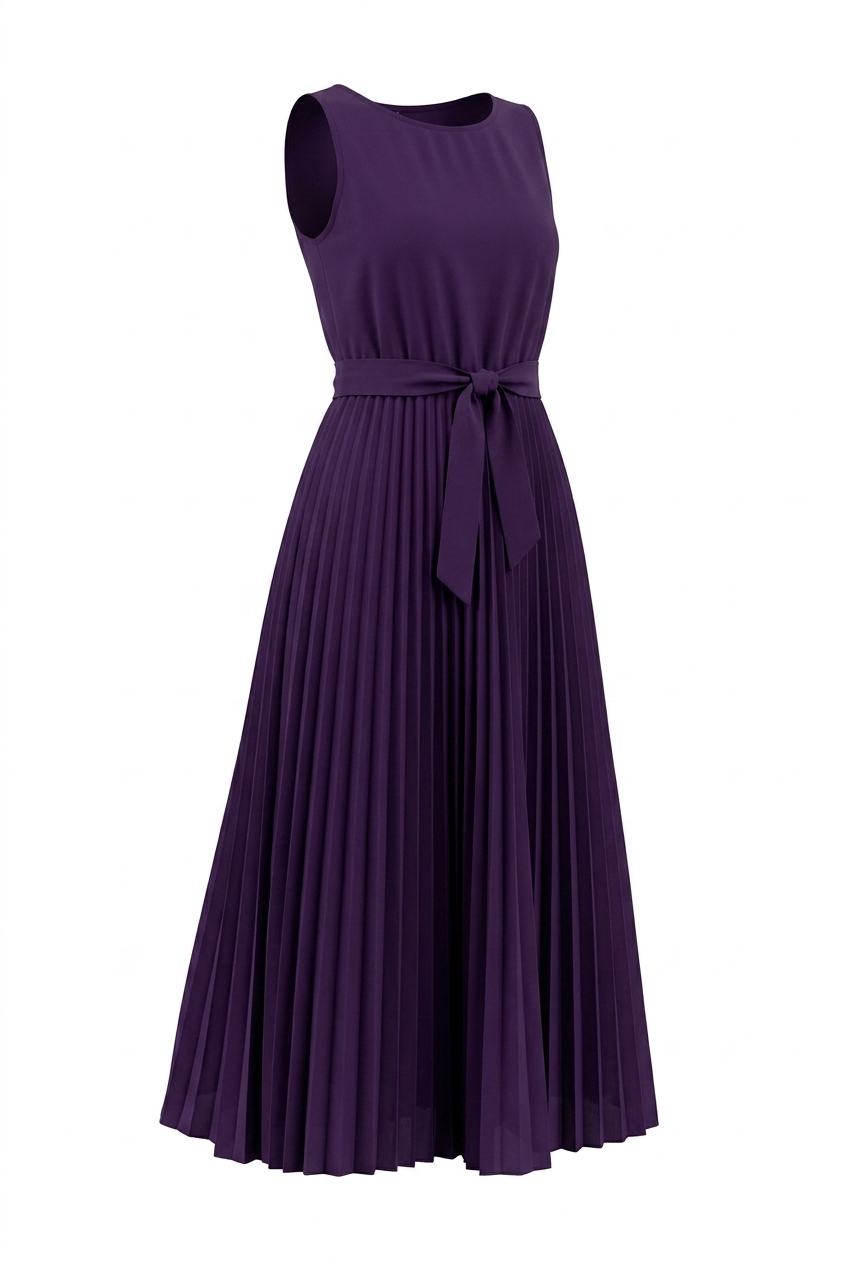 Elevate Your Style with the Cleo Pleated Satin Midi Dress in elegant purple color, showcasing pleated design and tied waistband.