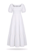 Square-Neck Puff-Sleeve Smocked Maxi Dress in white, featuring a tiered design and puff sleeves.