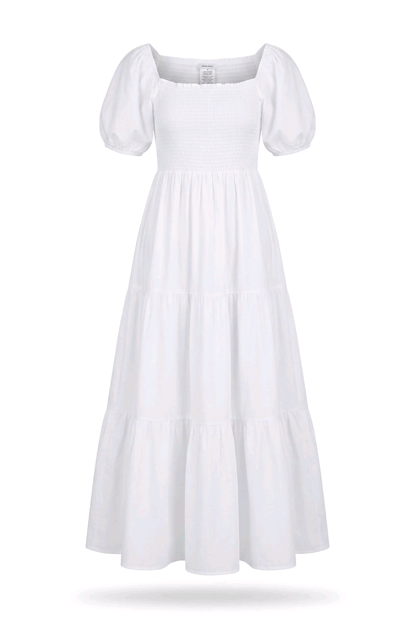 Square-Neck Puff-Sleeve Smocked Maxi Dress in white, featuring a tiered design and puff sleeves.