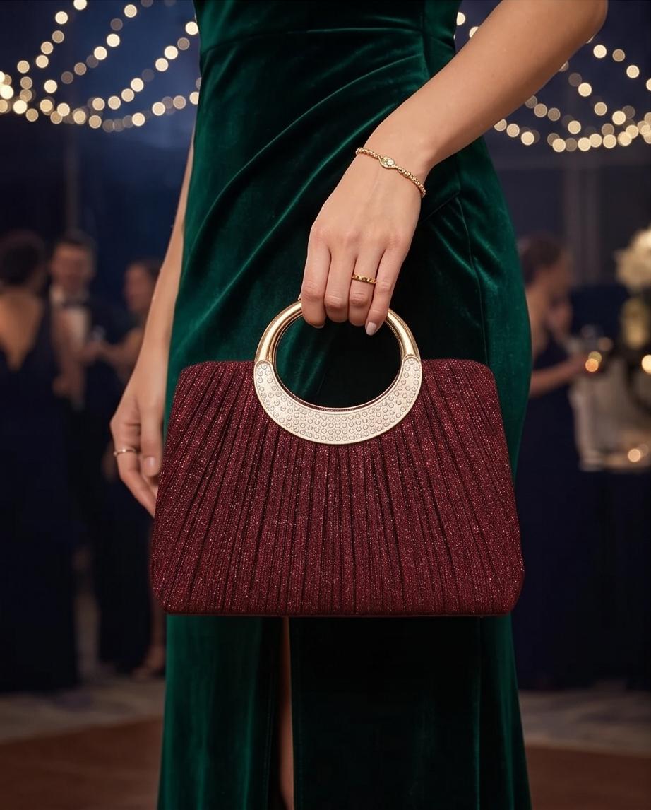 Elegant Burgundy Evening Bag - Seraphina Pleated Satin Top-Handle Purse