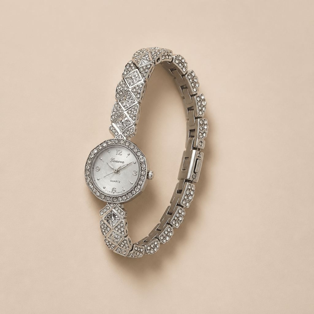 Gold-Tone Rhinestone Bracelet Watch | Luxury Jewelry Watch for Women on a beige background.